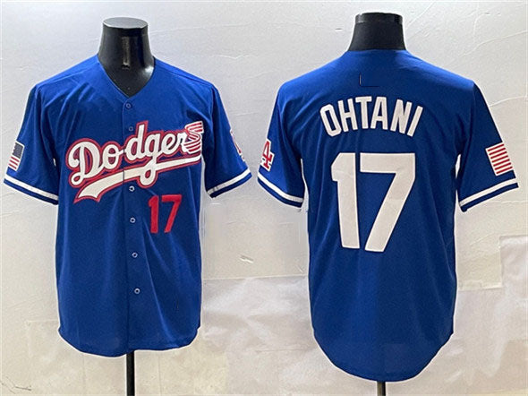 Los Angeles Dodgers #17 Shohei Ohtani Royal With American Flag Patch Limited Stitched Baseball Jersey
