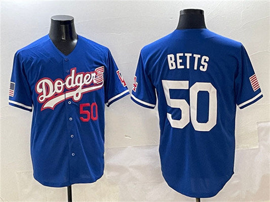 Los Angeles Dodgers #50 Mookie Betts Royal With American Flag Patch Limited Stitched Baseball Jersey