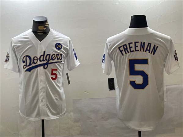 Los Angeles Dodgers #5 Freddie Freeman White Gold 2024 World Series With No. 34 Patch Home Limited Stitched Baseball Jersey