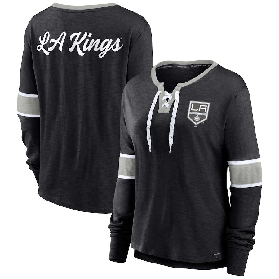 LA.Kings Supporters Branded Effervescent Exclusive Lace-Up Long Sleeve T-Shirt Black Stitched American Hockey Jerseys