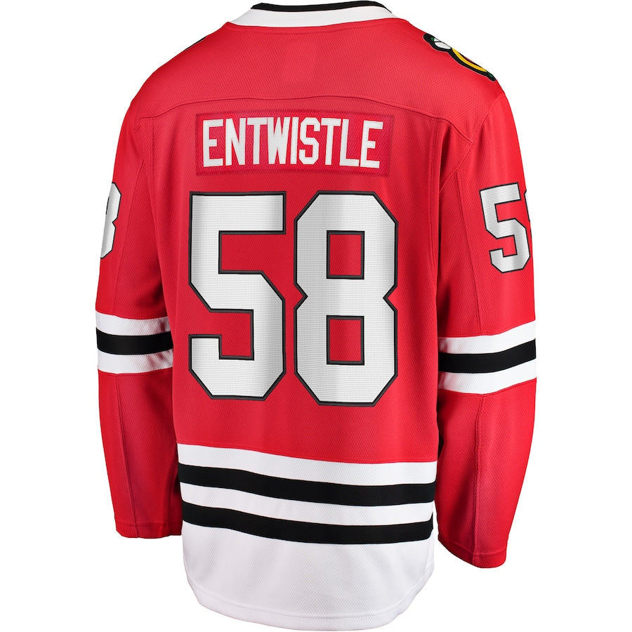 C.Blackhawks #58 MacKenzie Entwistle Supporters Branded Home Breakaway Player Jersey Red Stitched American Hockey Jerseys