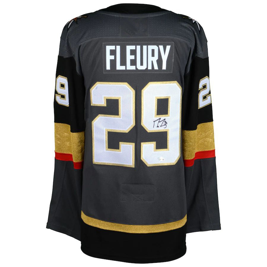 V.Golden Knights #29 Marc-Andre Fleury Supporters Authentic Autographed Black Gray Stitched American Hockey Jerseys