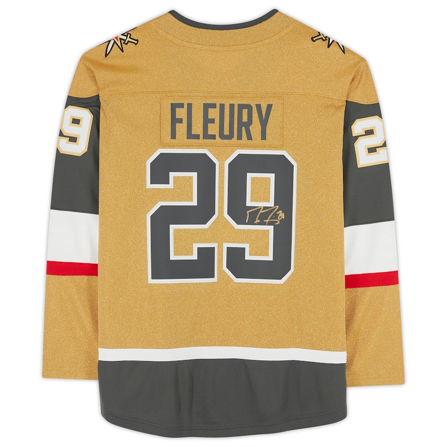 V.Golden Knights #29 Marc-Andre Fleury Supporters Authentic Autographed Gold Alternate Breakaway Jersey Stitched American Hockey Jerseys