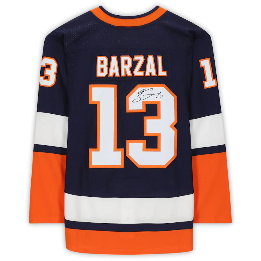 NY.Islanders #13 Mathew Barzal Supporters Authentic Autographed 2020-21 Reverse Retro Nary Stitched American Hockey Jerseys