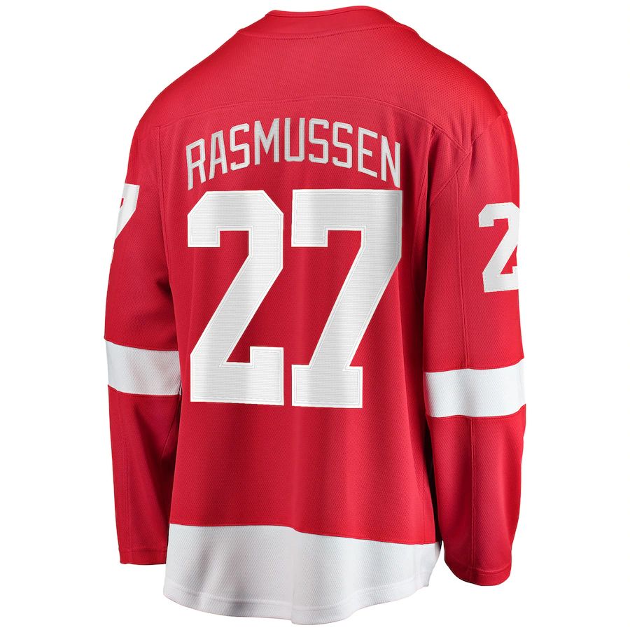 D.Red Wings #27 Michael Rasmussen Supporters Branded Home Breakaway Player Jersey Red Stitched American Hockey Jerseys