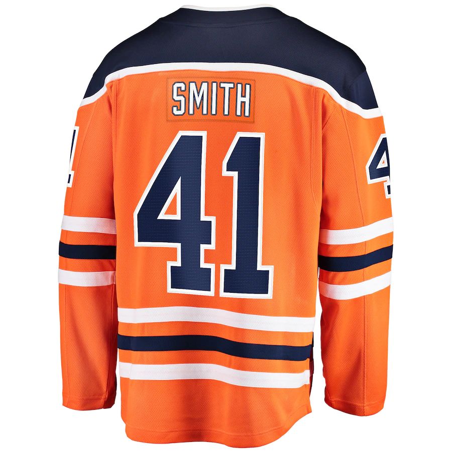 E.Oilers #41 Mike Smith Supporters Branded Breakaway Team Color Player Jersey Orange Stitched American Hockey Jerseys