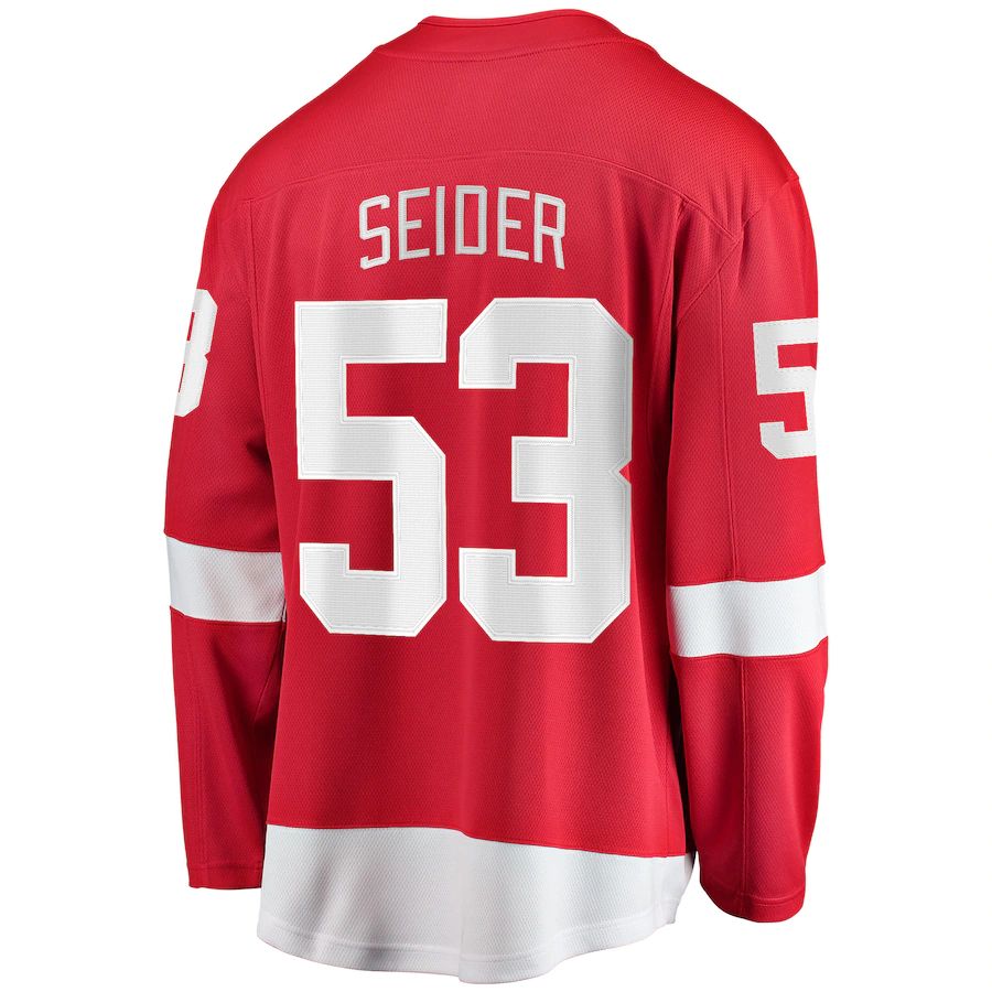 D.Red Wings #53 Moritz Seider Supporters Branded Home Breakaway Player Jersey Red Stitched American Hockey Jerseys