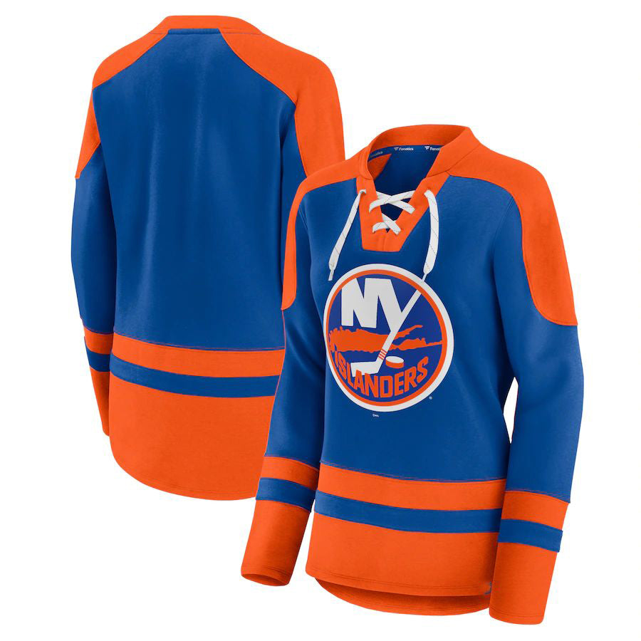 NY.Islanders Supporters Branded Net Gain Fleece V-Neck Pullover Sweatshirt RoyalOrange Stitched American Hockey Jerseys