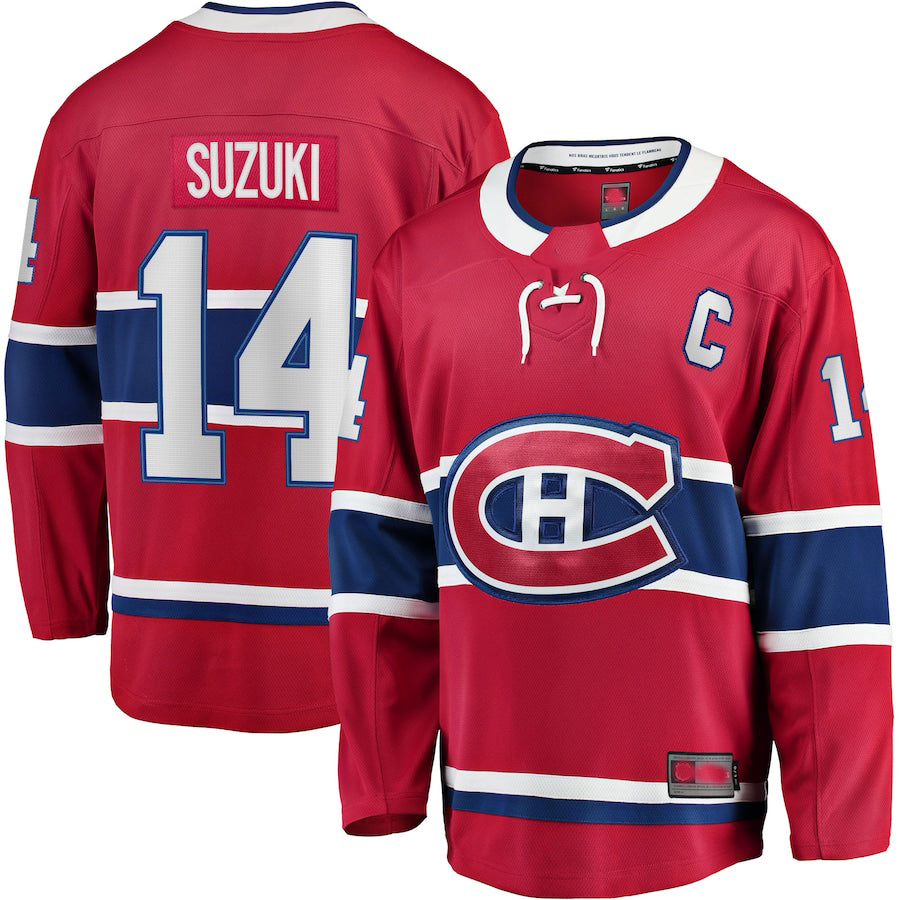 M.Canadiens #14 Nick Suzuki Supporters Branded Home Captain Patch Breakaway Player Jersey  Red Stitched American Hockey Jerseys