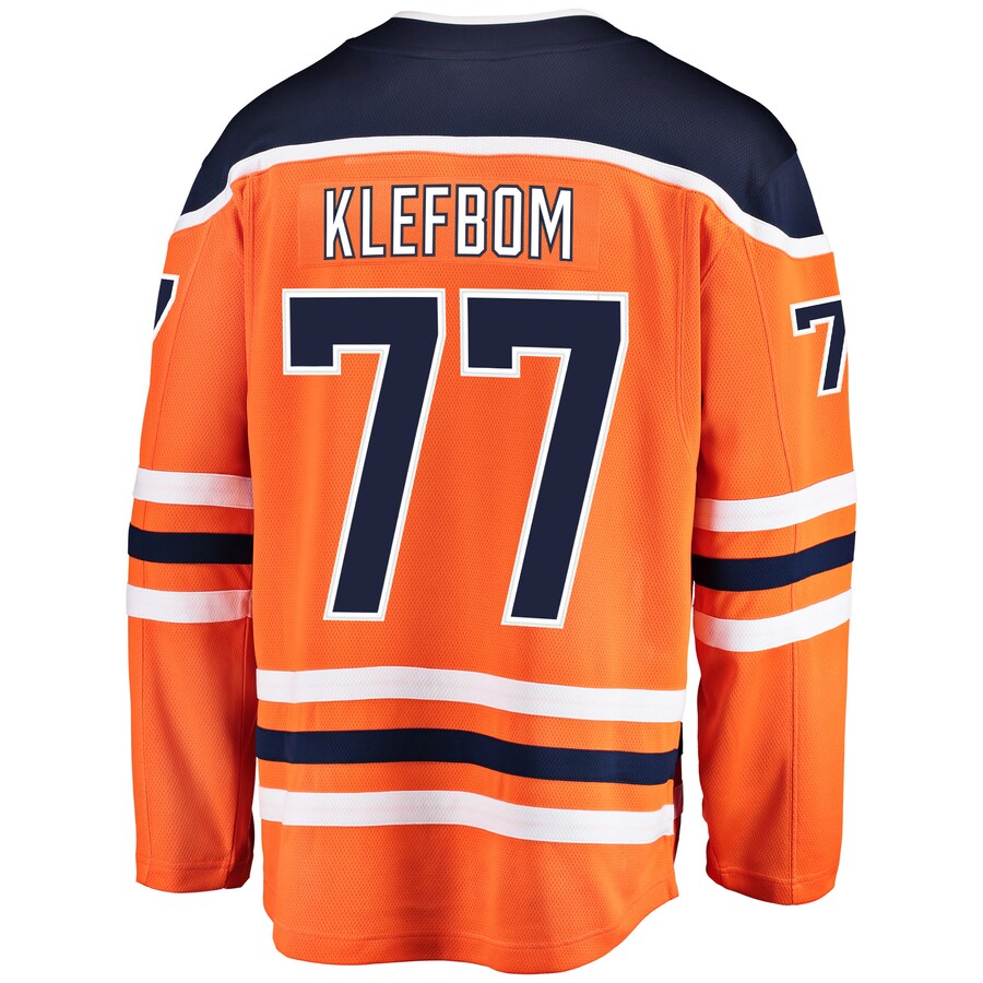 E.Oilers #77 Oscar Klefblom Supporters Branded Breakaway Player Jersey  Orange Stitched American Hockey Jerseys