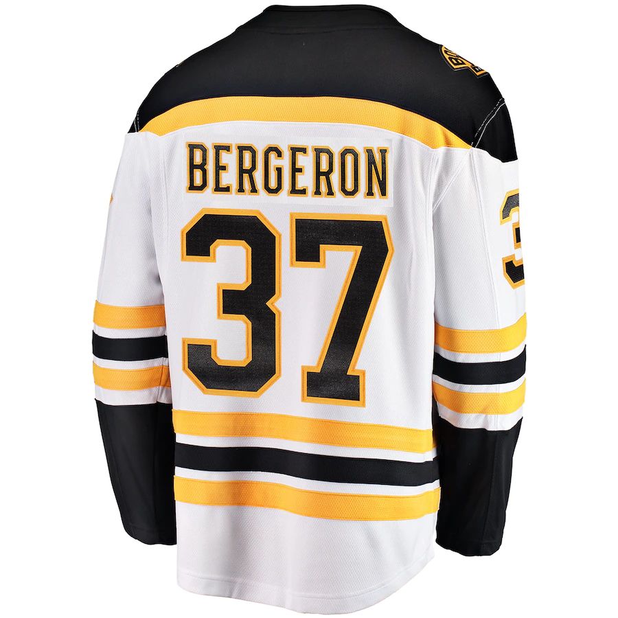 B.Bruins #37 Patrice Bergeron Supporters Branded Away Captain Premier Breakaway Player Jersey White Black Stitched American Hockey Jerseys