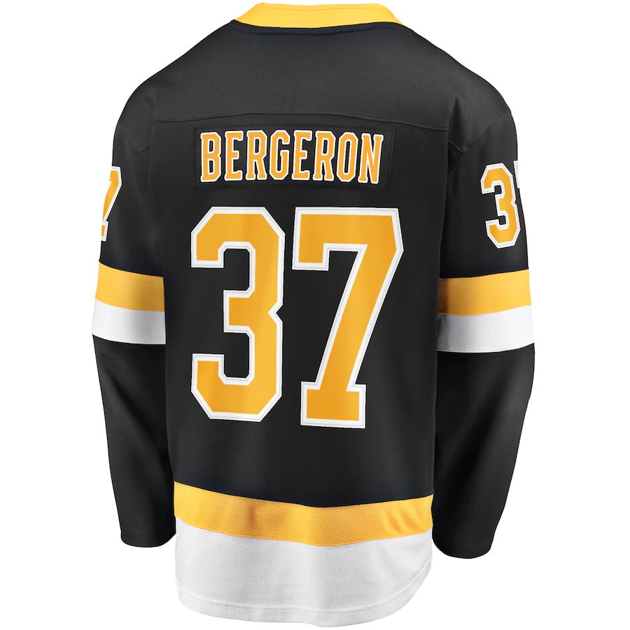 B.Bruins #37 Patrice Bergeron Supporters Branded Captain Alternate Premier Breakaway Player Jersey Black Stitched American Hockey Jerseys