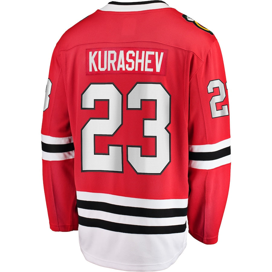 C.Blackhawks #23 Philipp Kurashev Supporters Branded Home Breakaway Player Jersey Red Stitched American Hockey Jerseys