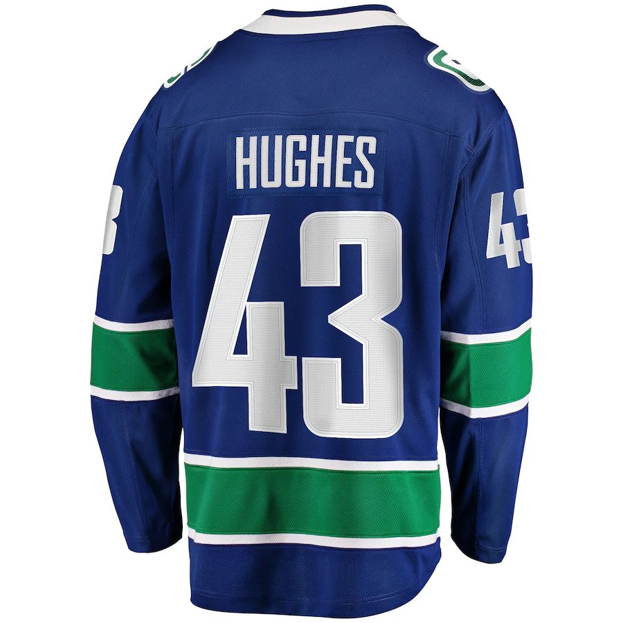 V.Canucks #43 Quinn Hughes Supporters Branded Home Premier Breakaway Player Jersey Blue Stitched American Hockey Jerseys