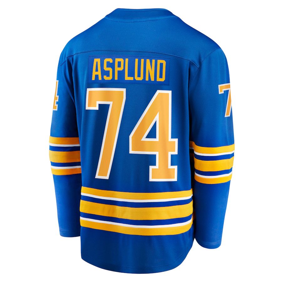 B.Sabres #74 Rasmus Asplund Supporters Branded Home Breakaway Player Jersey Royal Stitched American Hockey Jerseys