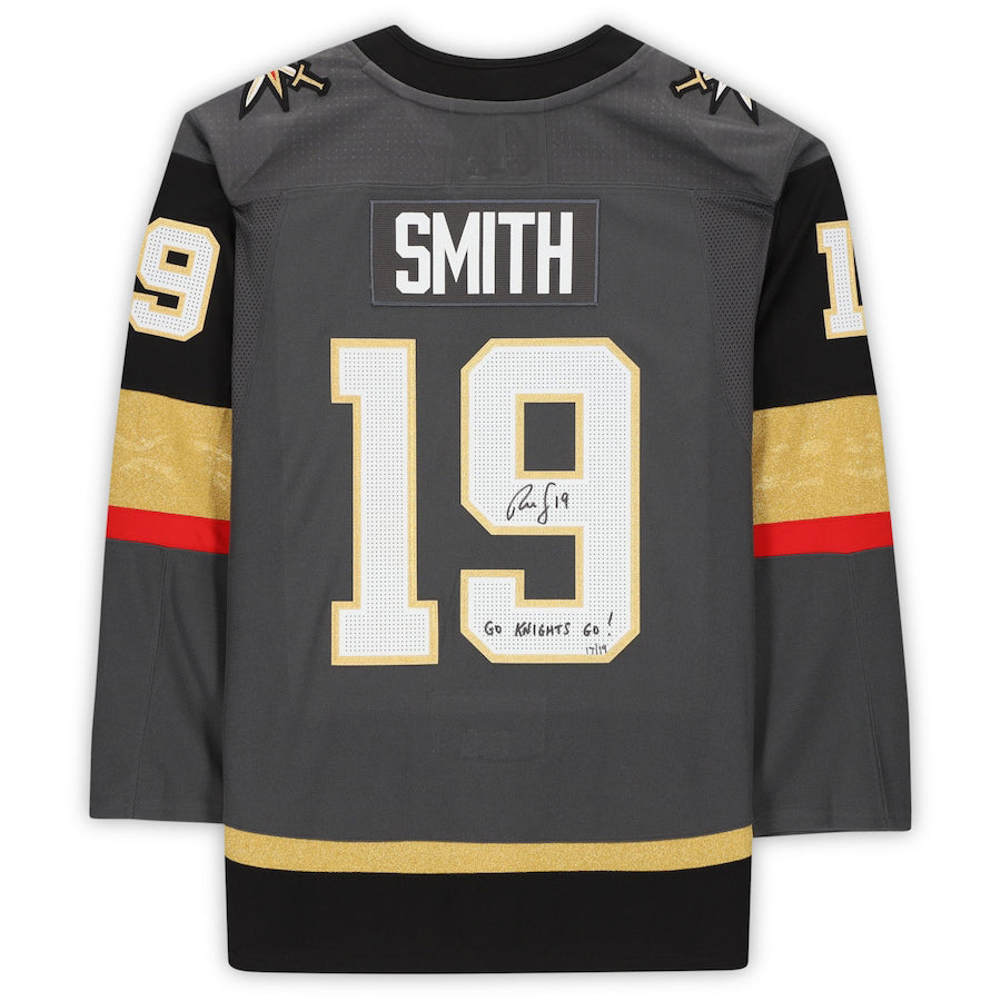 V.Golden Knights #19 Reilly Smith Supporters Authentic Autographed with Go Knights Go! Inscription Limited Edition of 19 Gray Hockey Jerseys