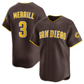 San Diego Padres #3 Jackson Merrill Brown 2024 Away Limited Stitched Baseball Jersey