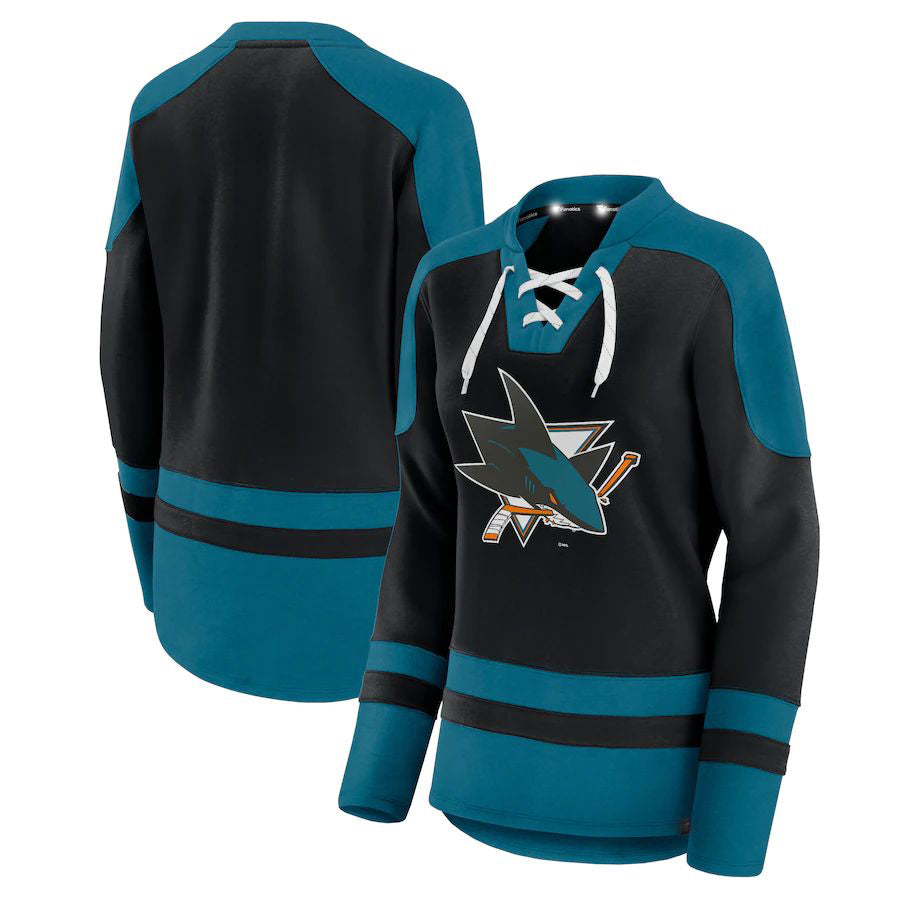 SJ.Sharks Fanatics Branded Net Gain Fleece V-Neck Pullover Sweatshirt  Black Stitched American Hockey Jerseys