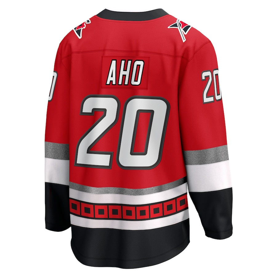 C.Hurricanes #20 Sebastian Aho Supporters Branded 25th Anniversary Premier Breakaway Player Jersey Red Stitched American Hockey Jerseys