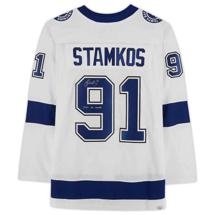 TB.Lightning #91 Steven Stamkos Supporters Authentic Autographed with Stanley Cup Final Patch and 2020 SC Champs Inscription White Stitched American Hockey Jerseys