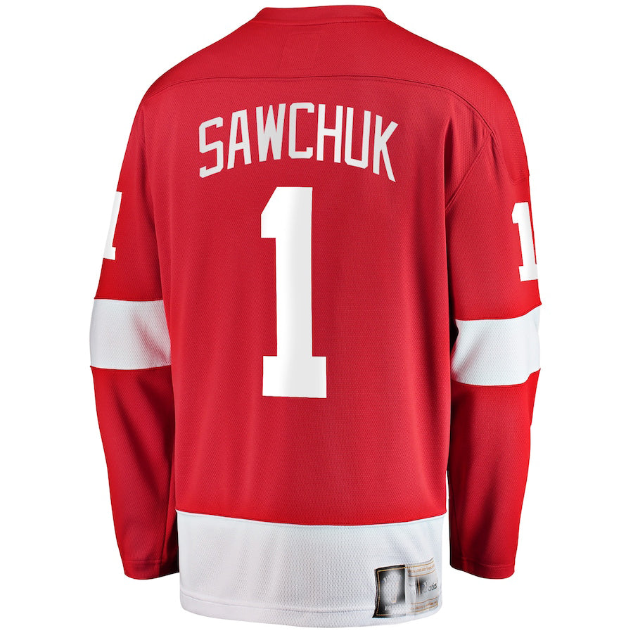 D.Red Wings #1 Terry Sawchuk Supporters Branded Premier Breakaway Retired Player Jersey Red Stitched American Hockey Jerseys