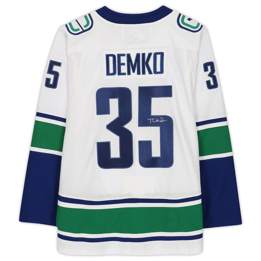 V.Canucks #35 Thatcher Demko Supporters Authentic Autographed White Jersey Stitched American Hockey Jerseys
