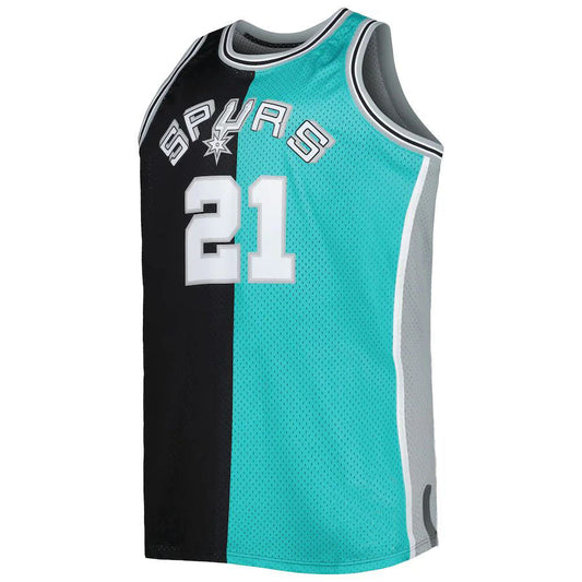S.Antonio Spurs #21 Tim Duncan Mitchell & Ness Big & Tall Hardwood Classics 1998-99 Split Swingman Jersey BlackTeal Stitched American Basketball Jersey