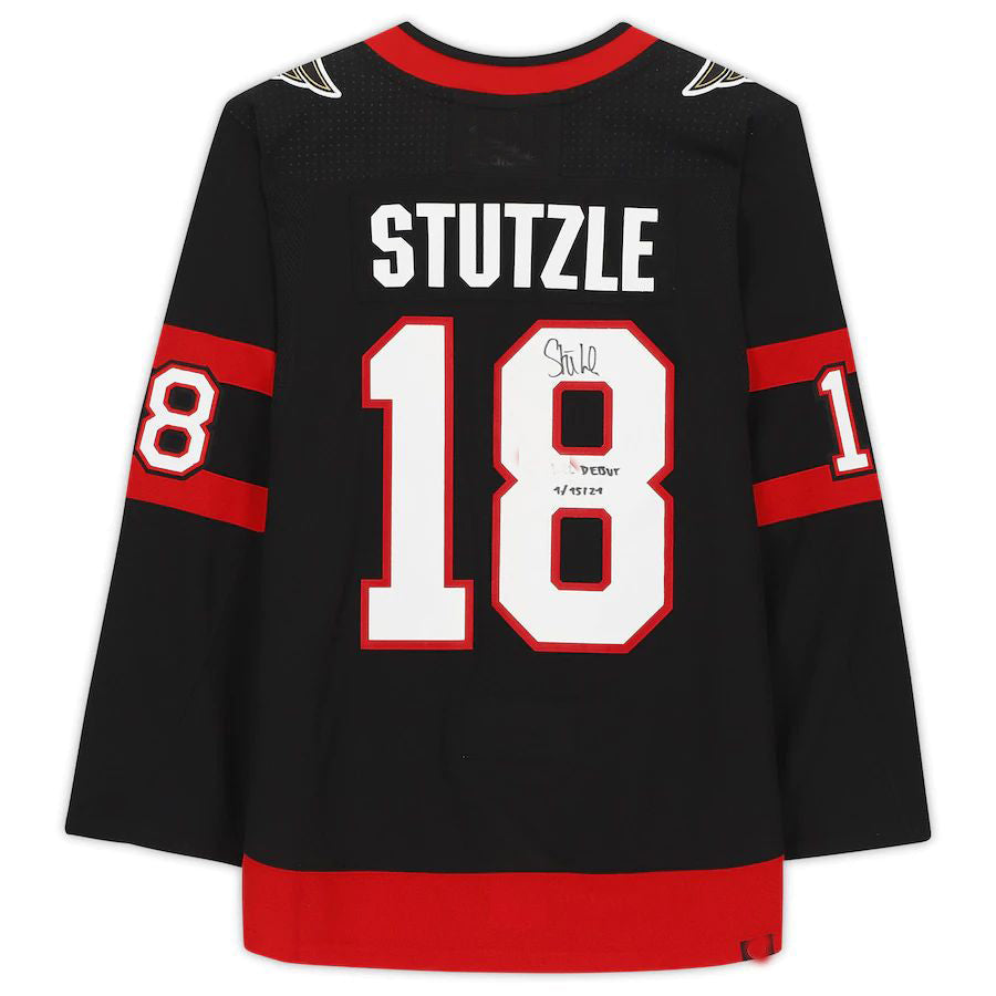 O.Senators #18 Tim Stutzle Supporters Authentic Autographed with Debut 1-15-21 Inscription Black Stitched American Hockey Jerseys