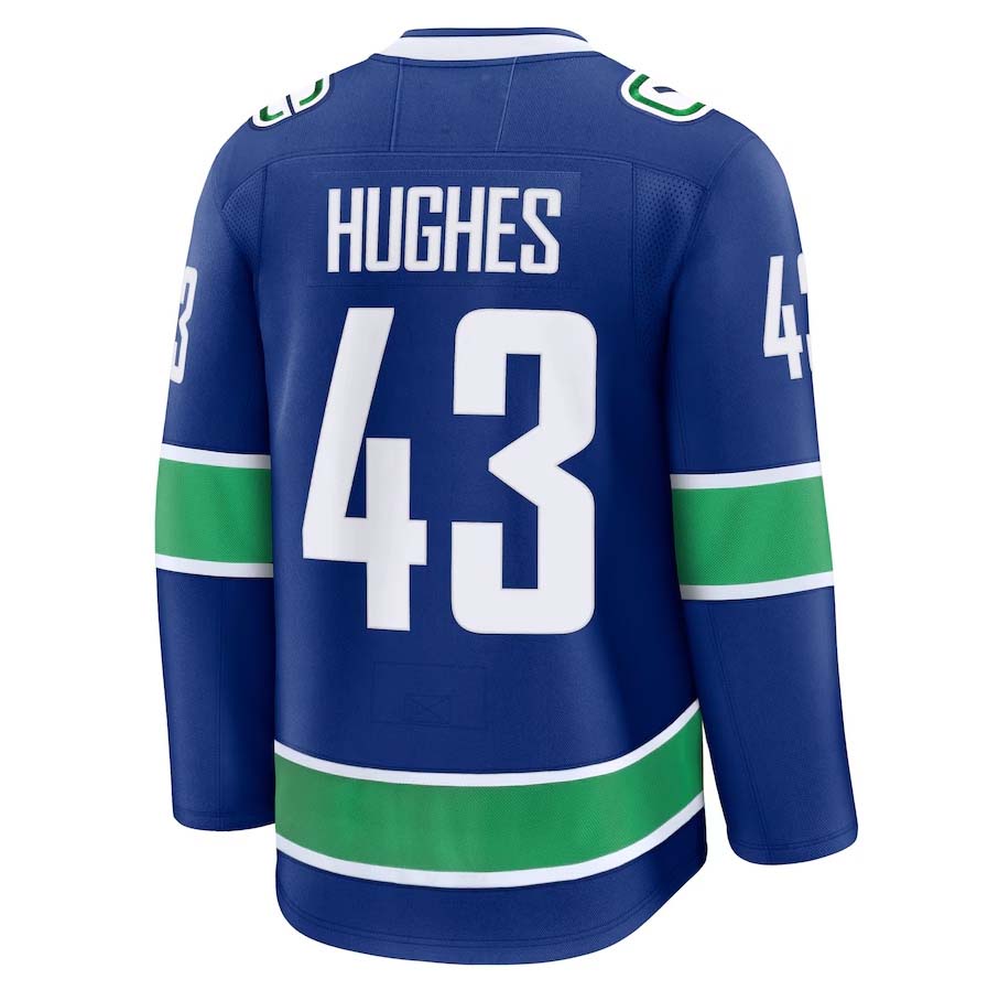 V.Canucks #43 Quinn Hughes Supporters Home Premium Jersey - Blue Stitched American Hockey Jerseys