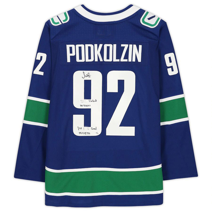 V.Canucks #92 Vasily Podkolzin Supporters Authentic Autographed Jersey with Multiple Inscriptions Limited Edition of 21 Blue Stitched American Hockey Jerseys