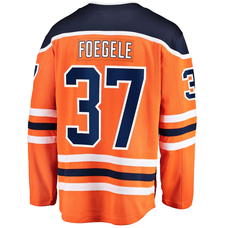 E.Oilers #37 Warren Foegele Supporters Branded Home Breakaway Player Jersey  Orange Stitched American Hockey Jerseys