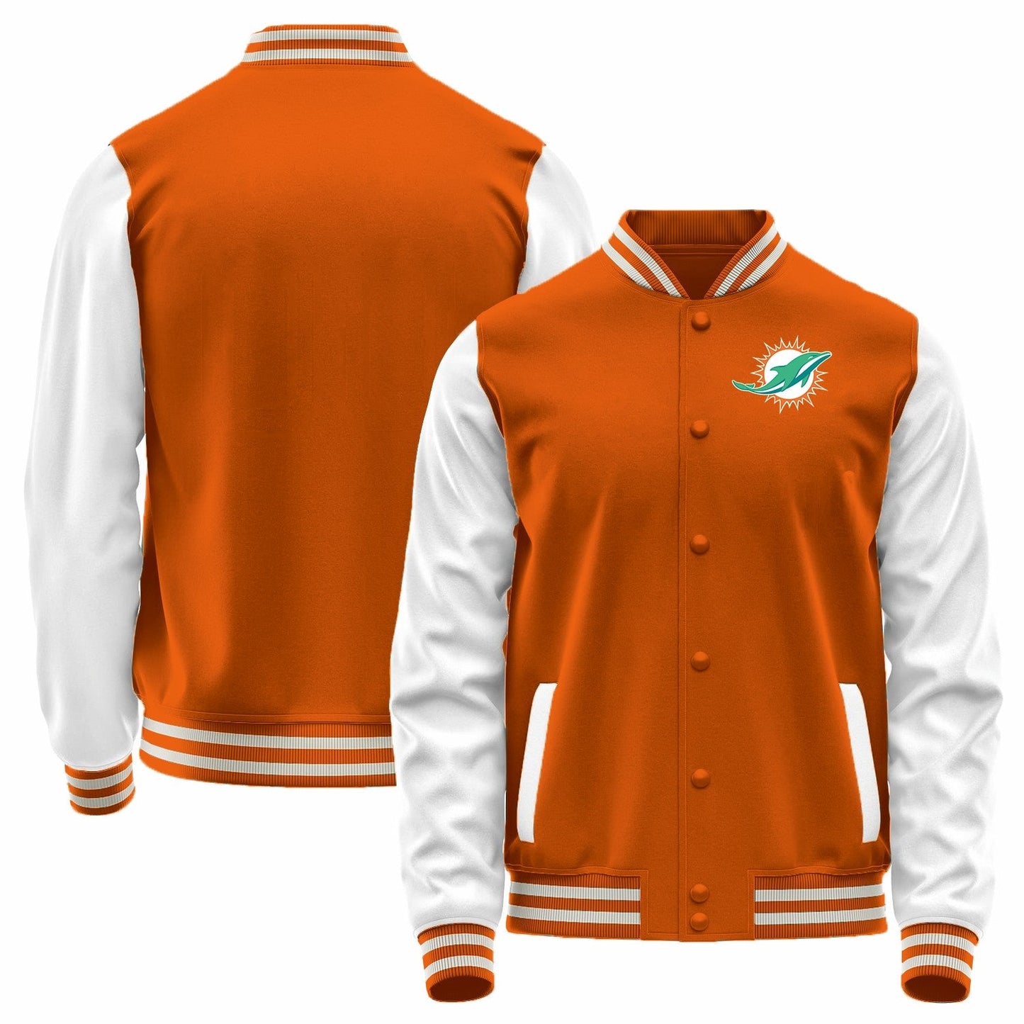 Custom M.Dolphins Orange-White Bomber Full-Snap Varsity Letterman Jacket
