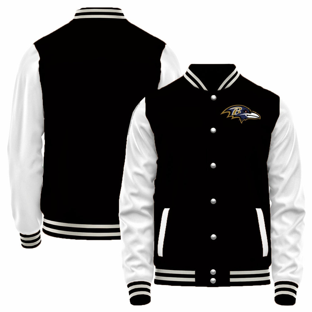 Custom B.Ravens Black-White Bomber Full-Snap Varsity Letterman Jacket