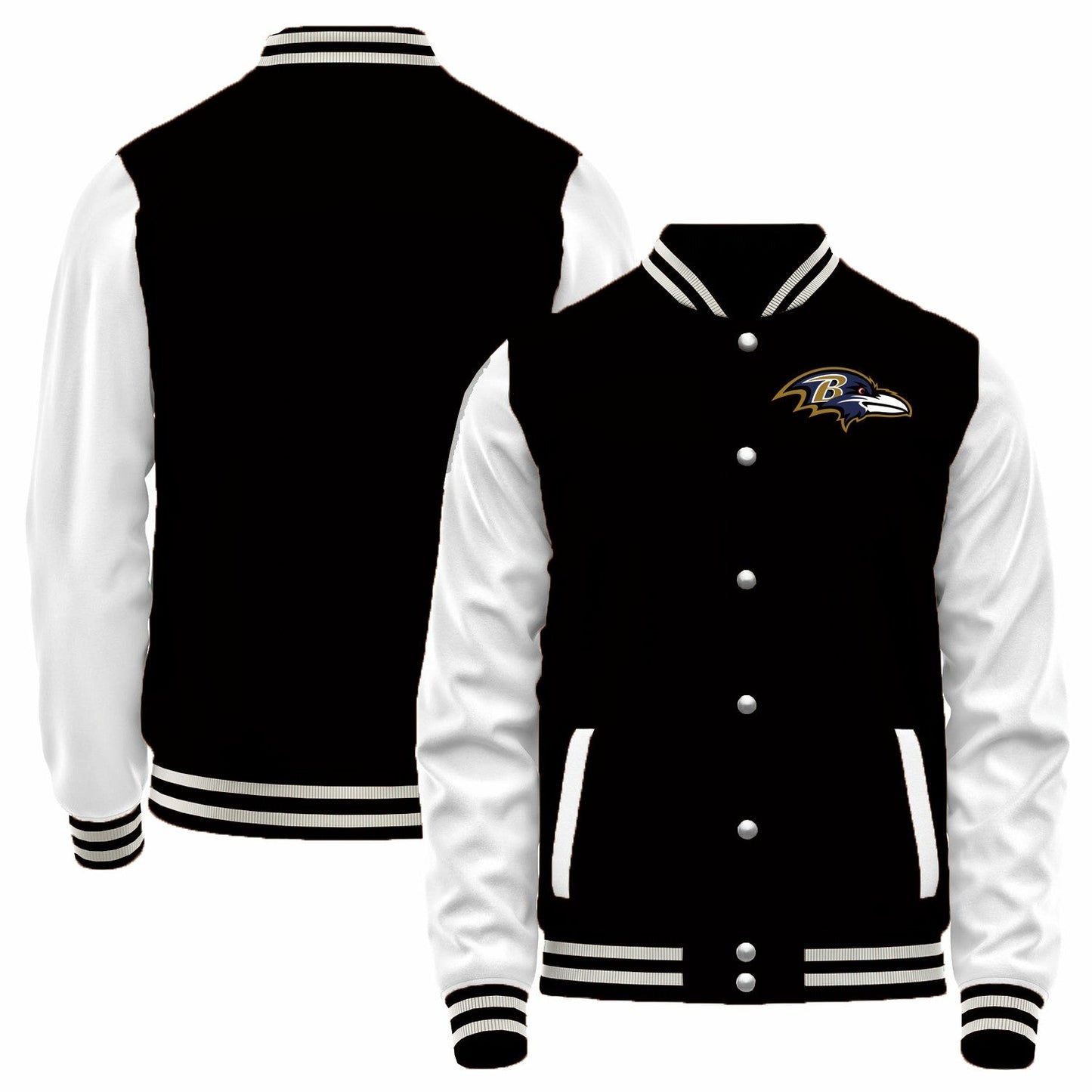 Custom B.Ravens Black-White Bomber Full-Snap Varsity Letterman Jacket