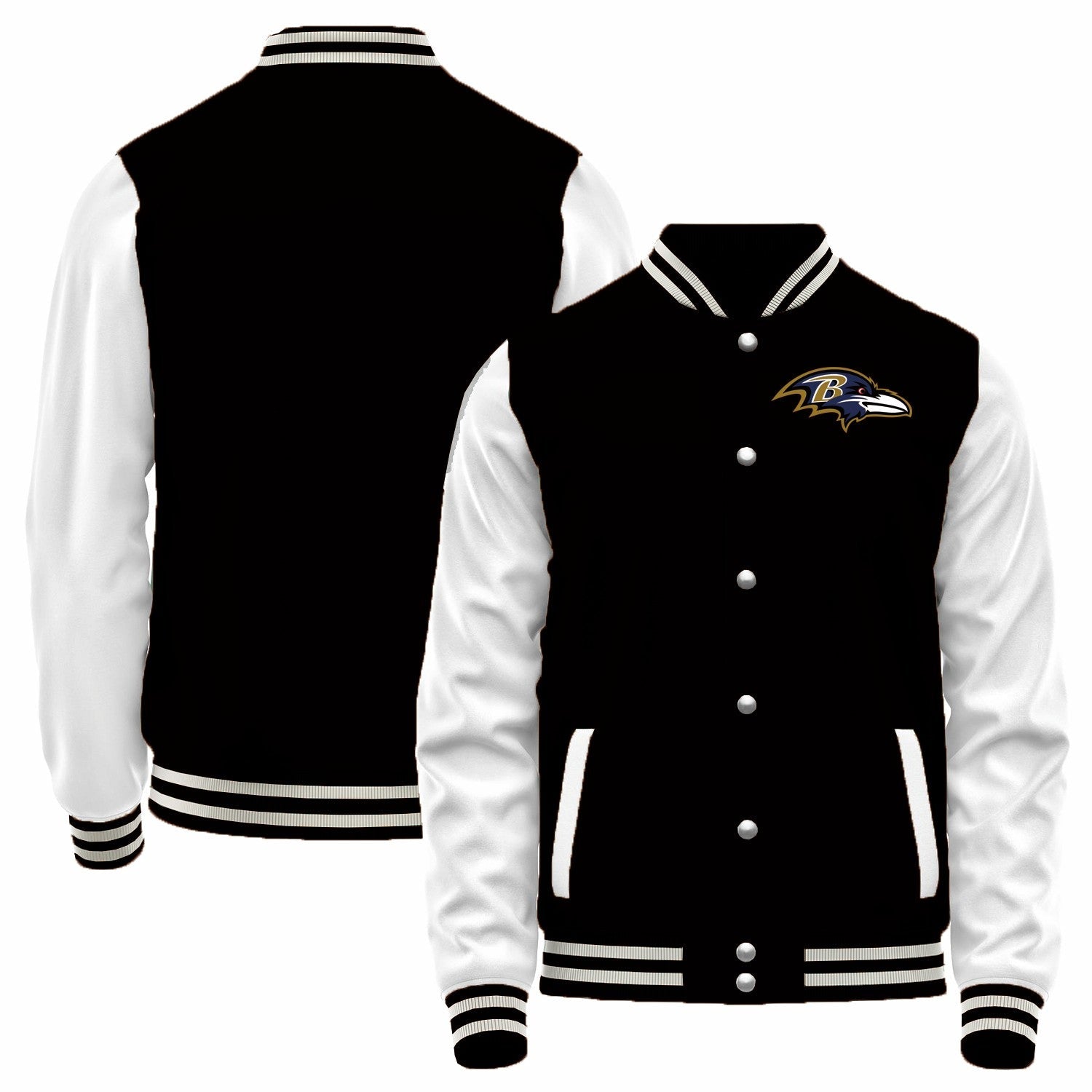 Custom B.Ravens Black-White Bomber Full-Snap Varsity Letterman Jacket