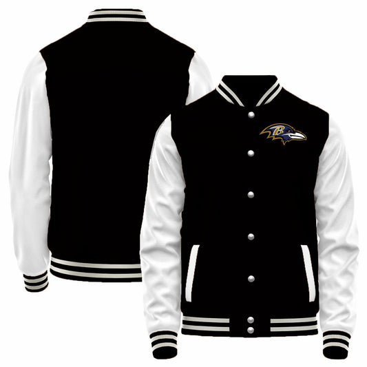 Custom B.Ravens Black-White Bomber Full-Snap Varsity Letterman Jacket