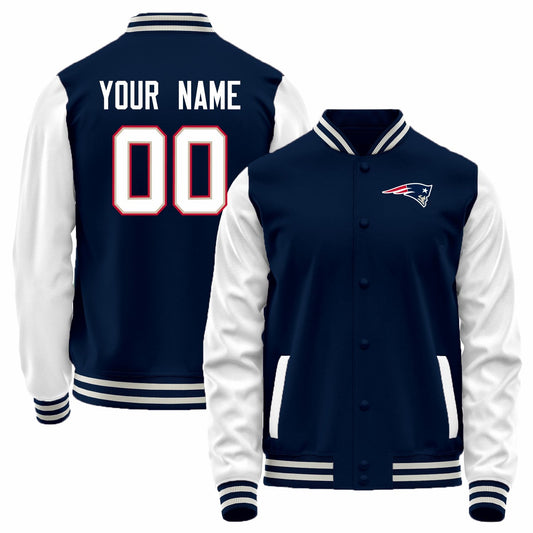 Custom NE.Patriots Navy-White Bomber Full-Snap Varsity Letterman Jacket