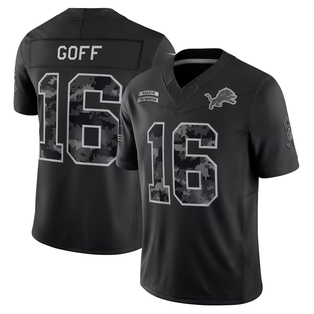 Reast D.Lions #16 Jared Goff Player Black Limited 2026 Salute to Service Home Game Stitched Jerseys
